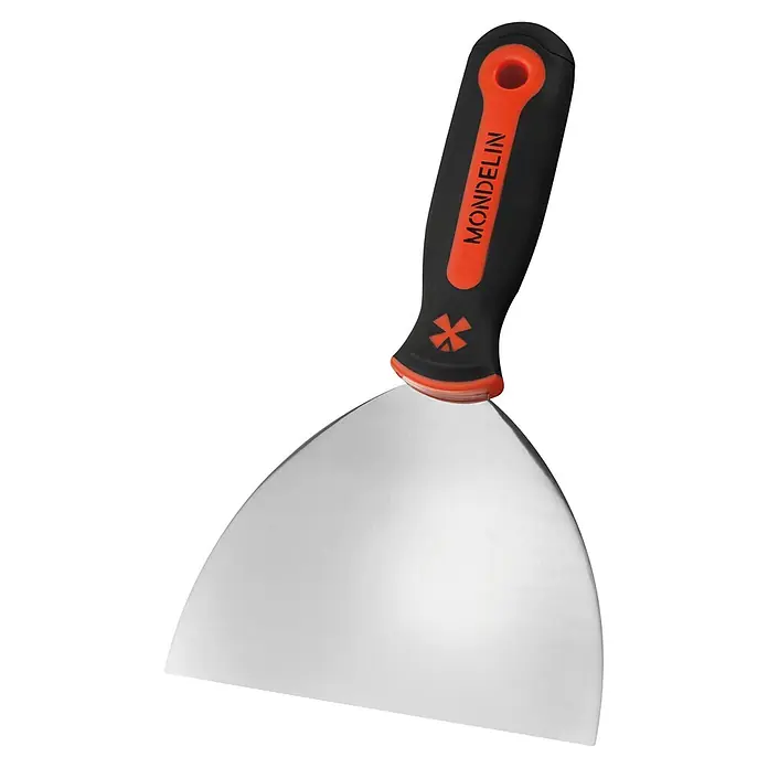 Mondelin Spachtel-Set - Gesamtumfang: 8 -tlg. - Glättekelle mit schwarzem und orangefarbenem Griff und breiter silberner Klinge, Marke 'MONDELIN'.