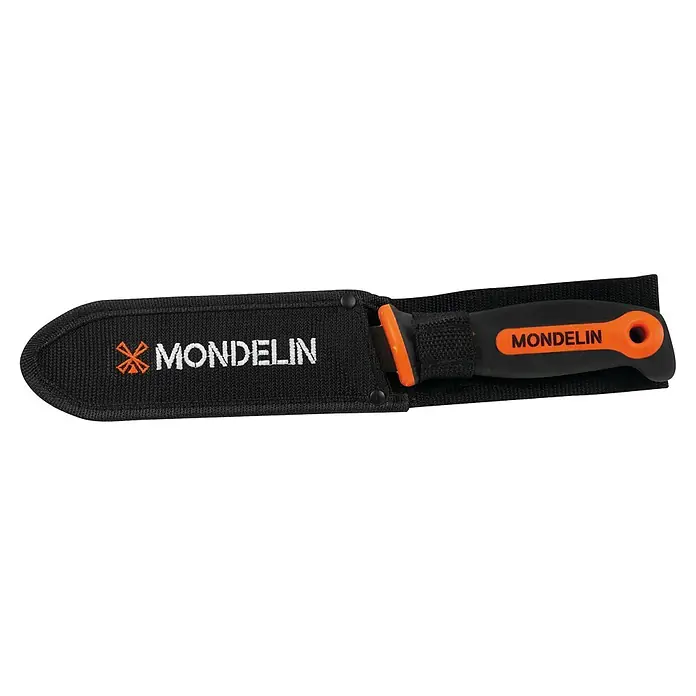 Mondelin Gipskartonplatten-Stichsäge - Länge: 160 mm - Schwarz-oranges Mondelin Universalmesser mit schwarzem Griff, teilweise sichtbar in einer schwarzen Stoffscheide mit weißem 'MONDELIN'-Branding.
