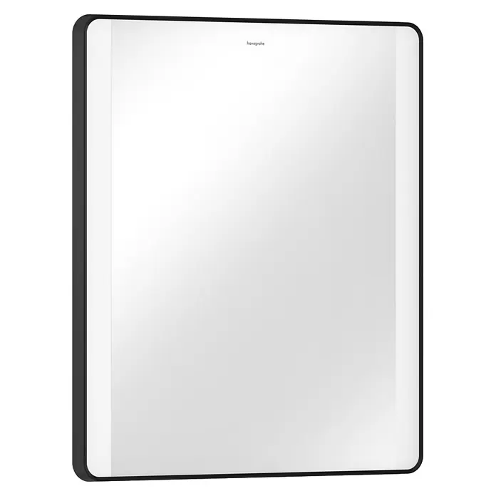 Hansgrohe Lichtspiegel Xarita Lite Q - 60 x 70,6 cm, Schwarz - Vertikaler, rechteckiger Spiegel mit abgerundeten Ecken und dünnem schwarzen Rahmen, mit hansgrohe Logo.