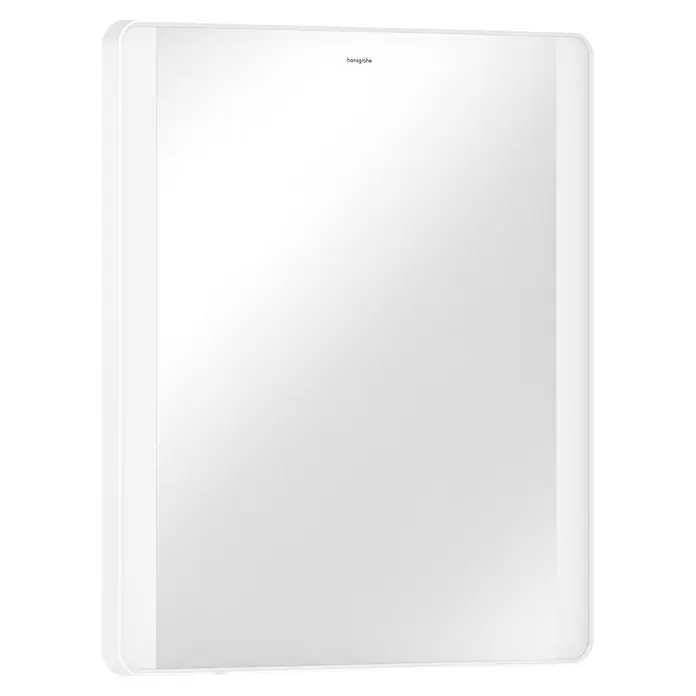 Hansgrohe Lichtspiegel Xarita Lite Q - 60 x 70,6 cm, Weiß - Weißes rechteckiges Panel mit abgerundeten Ecken und hansgrohe-Logo.