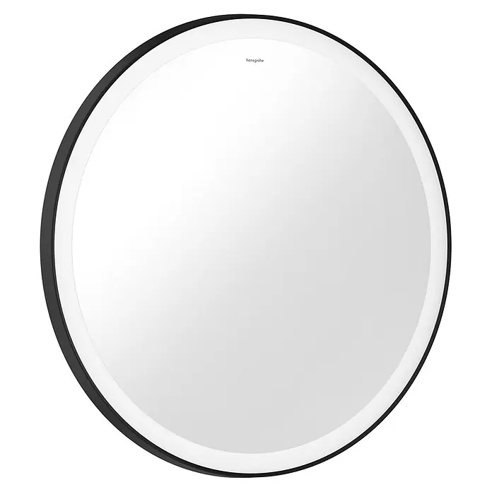 Hansgrohe Lichtspiegel Xarita Lite S - 70 x 70 cm, Schwarz - Runder, beleuchteter Spiegel mit schwarzem Rahmen und weißem Lichtring, Hansgrohe-Logo.