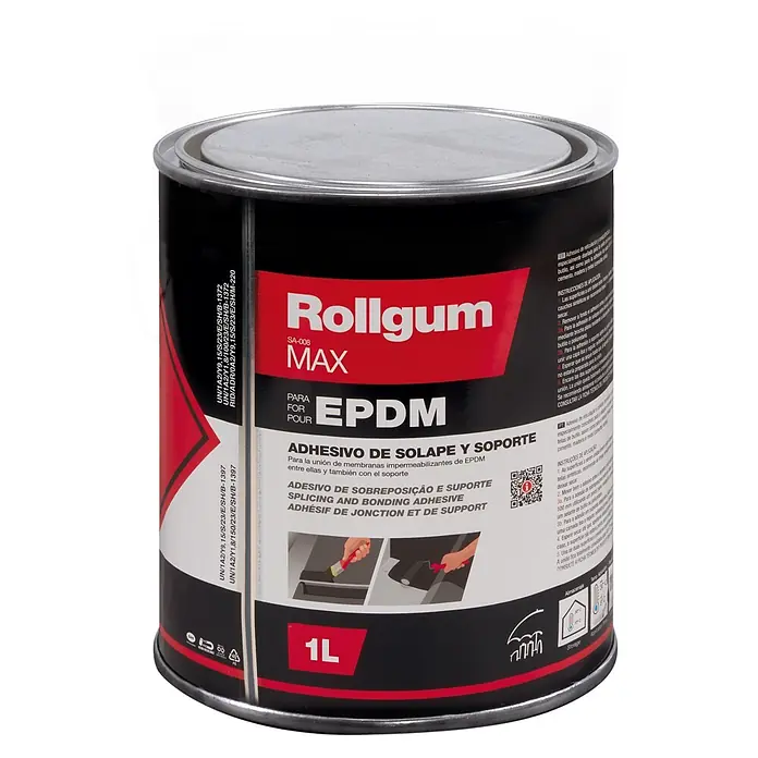 Adhesivo para lámina EPDM - 1 l - Lata negra de 1L de adhesivo Rollgum Max EPDM con etiqueta roja y tapa plateada.