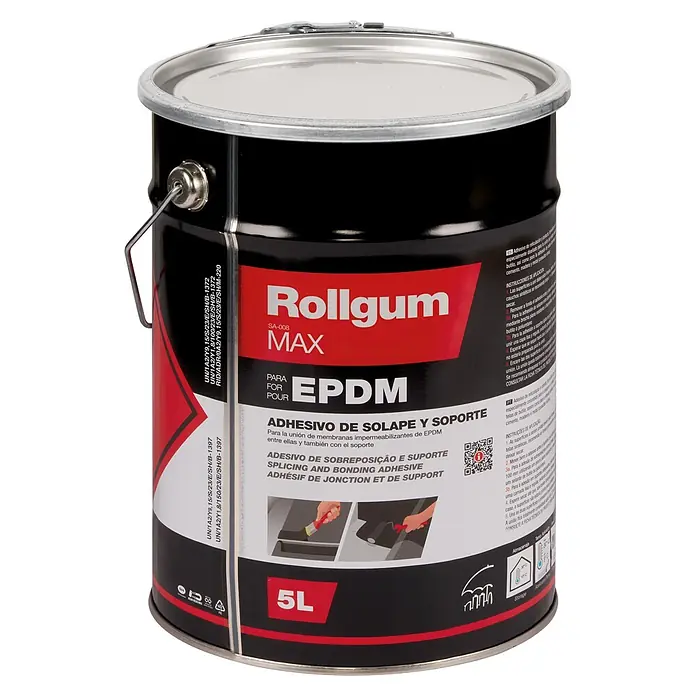 Adhesivo para lámina EPDM - 5 l - Bote metálico negro de 5L de adhesivo Rollgum MAX EPDM para membranas EPDM.