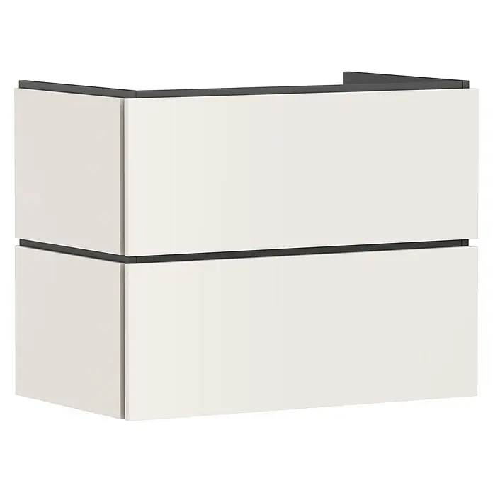 Hansgrohe Xilesa E Waschtischunterschrank - B x T x H: 78 x 47 x 62 cm, Sandbeige Matt - Weißer Wandschrank mit zwei Schubladen und dunkelgrauen Griffen.