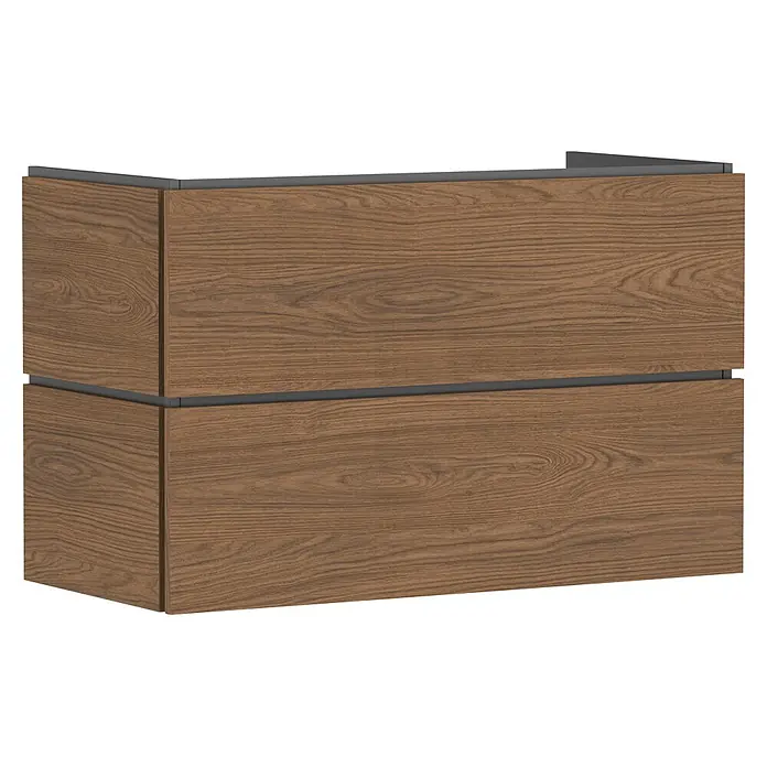 Hansgrohe Xilesa E Waschtischunterschrank - B x T x H: 98 x 47 x 62 cm, Eiche Kaschmir - Wandhängender Schrank mit zwei Schubladen in brauner Holzoptik und dunkelgrauen Griffleisten.