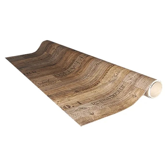CV-Boden Meterware Memphis - 300 cm, Vino, Braun - Eine Rolle Vinylbodenbelag mit einem Holzplankendesign mit historischen Text- und Schriftdrucken, ideal für rustikale Dekore.