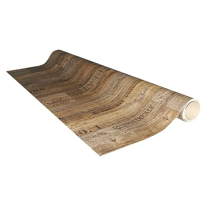 CV-Boden Meterware Memphis - 300 cm, Vino, Braun - Eine Rolle Vinylbodenbelag mit einem Holzplankendesign mit historischen Text- und Schriftdrucken, ideal für rustikale Dekore.