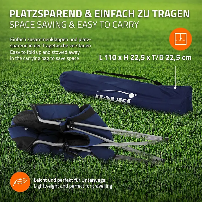Campingmöbel Set 3tlg. faltbar Tisch Braun mit 2 Stühlen Blau Metall -  - Blauer, zusammengeklappter Campingstuhl mit silbernem Gestell und passender Tragetasche, betont die Tragbarkeit.