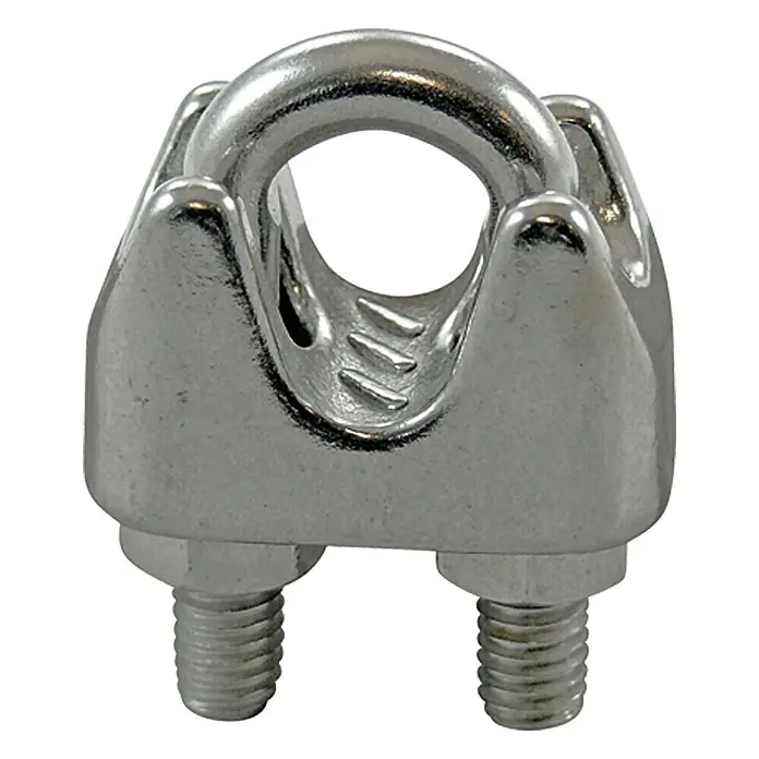 Marinetech Sujetacables de alambre - Cables de 8 mm / Rosca M6, Acero A4, 1 ud., Plateado - Primer plano de una abrazadera de cable de acero inoxidable, que sirve para fijar cables entre sí.