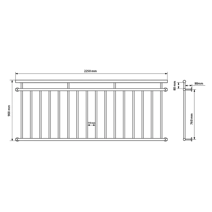 ECD Germany Befestigungs-Set für Fenstergitter Fenstergitter mit 16 Füllstäben Stabgeländer Geländer matt und rau -  - Technische Zeichnung eines Metallgeländers, 2250 mm breit und 900 mm hoch, mit detaillierten Maßen.