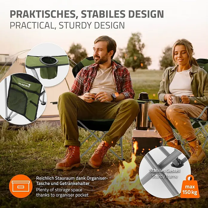 Campingmöbel Set 3tlg. faltbar Tisch Braun mit 2 Stühlen Khaki Metall -  - Grüner Campingstuhl mit Becherhalter und Seitentasche, im Einsatz beim Campen gezeigt. Stabiler Rahmen, max. 150 kg.