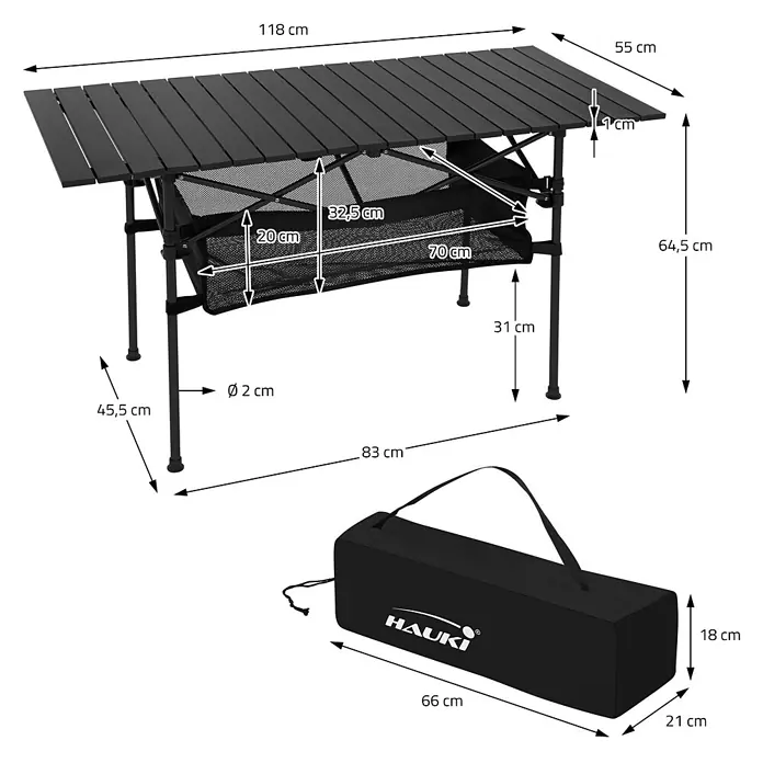 Hauki Campingtisch Klapptisch faltbar aus Aluminium inkl. Tragetasche - L x B x H: 118 x 55 x 64,5 cm, Aluminium, Metall, Schwarz - Schwarzer klappbarer Campingtisch mit Netzaufbewahrung und passender Tragetasche. Maße sind abgebildet.