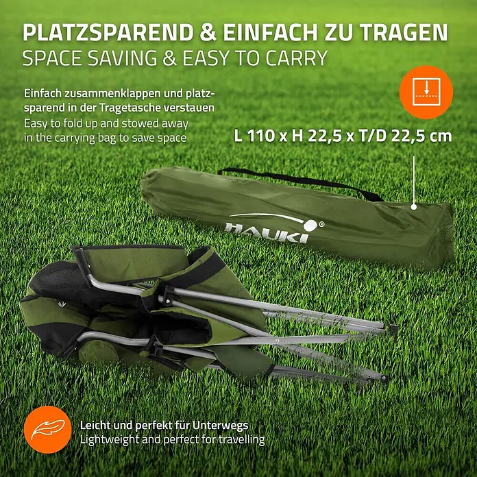 Campingmöbel Set 3tlg. faltbar Tisch Braun mit 2 Stühlen Khaki Metall -  - Grüner und schwarzer Klappcampingstuhl mit Tragetasche, betont seine Tragbarkeit und kompakte Lagerung.