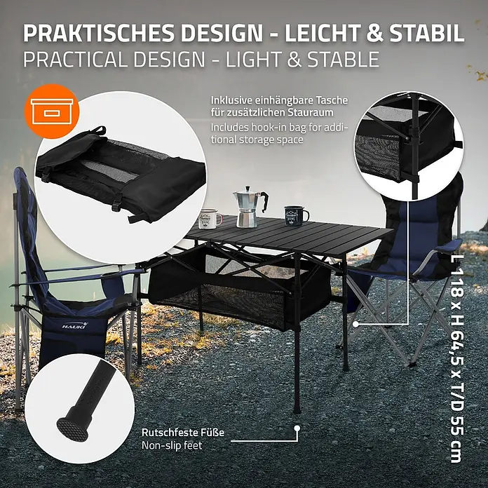 Hauki Campingtisch Klapptisch faltbar aus Aluminium inkl. Tragetasche - L x B x H: 118 x 55 x 64,5 cm, Aluminium, Metall, Schwarz - Schwarzer klappbarer Campingtisch mit Netz-Stauraum und rutschfesten Füßen, mit blauen Campingstühlen im Freien.