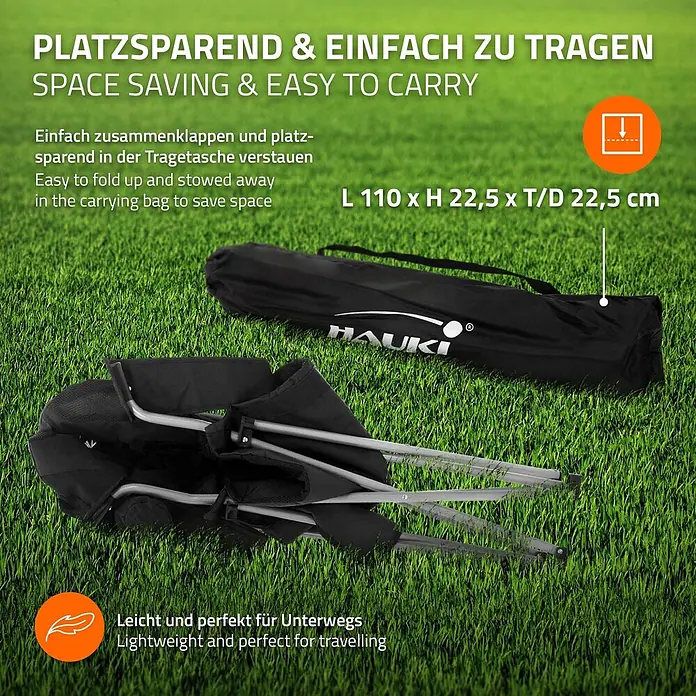 Hauki Campingstuhl 2er Set Klappstühle Schwarz gepolsterte Angelstühle mit hoher Rückenlehne - Stahl, Polyester, Klappbar, Schwarz - Teilweise zusammengeklappter schwarzer Campingstuhl mit silbernem Gestell und schwarzer Tragetasche.