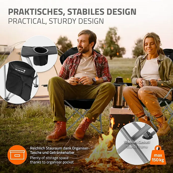 Hauki Campingstuhl 2er Set Klappstühle Schwarz gepolsterte Angelstühle mit hoher Rückenlehne - Stahl, Polyester, Klappbar, Schwarz - Praktischer Campingstuhl mit Becherhalter und Organizertasche, 150 kg belastbar.