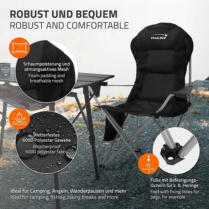 Hauki Campingtisch Camping-Set mit Aluminium Klapptisch inkl. 2 Campingstuhl Schwarz - Aluminium, Metall, Stahl, Polyester, Beige, Schwarz - Schwarzer Campingstuhl mit Schaumstoffpolsterung, atmungsaktivem Mesh und wetterfestem 600D Polyestergewebe für Outdoor-Aktivitäten, mit Befestigungslöchern.