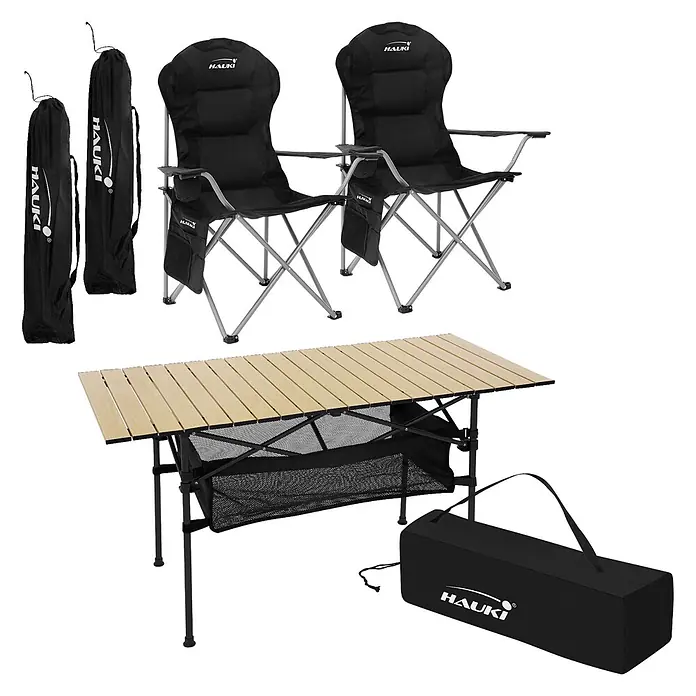 Hauki Campingtisch Camping-Set mit Aluminium Klapptisch inkl. 2 Campingstuhl Schwarz - Aluminium, Metall, Stahl, Polyester, Beige, Schwarz - Schwarze gepolsterte Klappstühle, ein heller Latten-Klapptisch mit Netzablage und Tragetaschen für ein Camping-Set.