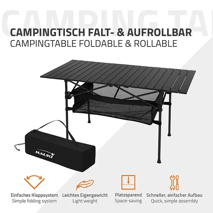 Hauki Campingtisch Klapptisch faltbar aus Aluminium inkl. Tragetasche - L x B x H: 118 x 55 x 64,5 cm, Aluminium, Metall, Schwarz - Schwarzer faltbarer Campingtisch mit Netz-Aufbewahrung und Tragetasche.