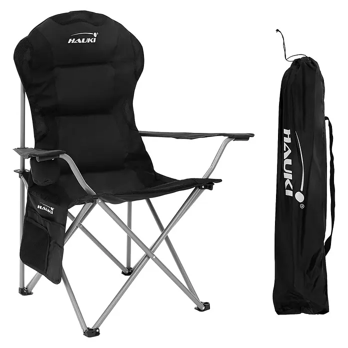 Hauki Campingstuhl Faltstühl faltbar mit Getränkehalter & Tragetasche bis 150kg - Stahl, Polyester, Klappbar, Schwarz - Schwarzer klappbarer Campingstuhl mit gepolstertem Sitz, Armlehnen, Getränkehalter, Seitentasche und passender Tragetasche.