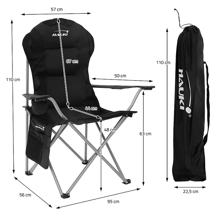 Hauki Campingstuhl 2er Set Klappstühle Schwarz gepolsterte Angelstühle mit hoher Rückenlehne - Stahl, Polyester, Klappbar, Schwarz - Schwarzer Klapp-Campingstuhl mit Armlehnen und Seitentasche, offen und gefaltet in der schwarzen Tragetasche mit Maßen gezeigt.
