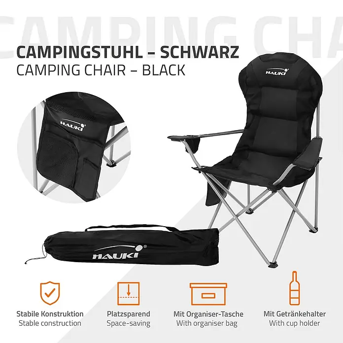 Hauki Campingstuhl 2er Set Klappstühle Schwarz gepolsterte Angelstühle mit hoher Rückenlehne - Stahl, Polyester, Klappbar, Schwarz - Schwarzer klappbarer Campingstuhl mit Metallrahmen, Trinkbecherhalter und Aufbewahrungstasche, auch in Tragetasche gezeigt.