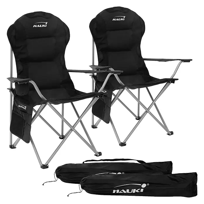 Hauki Campingstuhl 2er Set Klappstühle Schwarz gepolsterte Angelstühle mit hoher Rückenlehne - Stahl, Polyester, Klappbar, Schwarz - Zwei schwarze Klapp-Campingstühle mit silbernen Gestellen und passenden Tragetaschen.