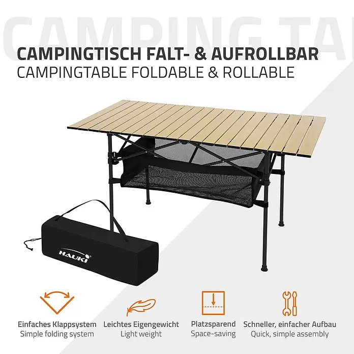 Hauki Campingtisch Klapptisch faltbar aus Aluminium inkl. Tragetasche - L x B x H: 118 x 55 x 64,5 cm, Aluminium, Metall, Beige, Schwarz - Faltbarer und aufrollbarer Campingtisch mit heller Holzplatte, schwarzem Gestell und Netzablage. Inklusive schwarzer Tragetasche.