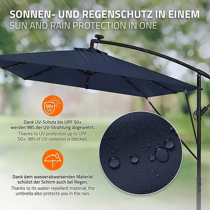 ML-Design Ampelschirm rund Gartenschirm UV50+ Sonnenschutz wasserabweisend 360° drehbar & neigbar - Blau, Durchmesser Bespannung: 330 cm - Dunkelblauer Ampelschirm mit UPF 50+ UV-Schutz und wasserabweisendem Regenschutz; Wassertropfen auf dem Stoff sichtbar.