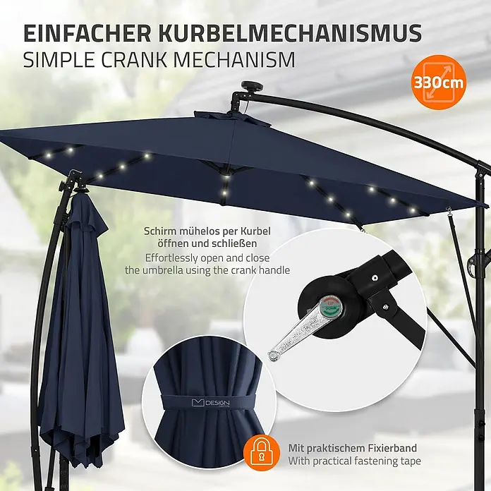 ML-Design Ampelschirm rund Gartenschirm UV50+ Sonnenschutz wasserabweisend 360° drehbar & neigbar - Blau, Durchmesser Bespannung: 330 cm - Marineblauer Ampelschirm mit LED-Beleuchtung, Kurbelmechanismus zum Öffnen/Schließen und Befestigungsband.