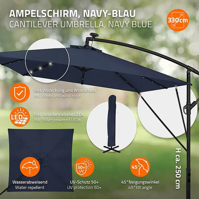 ML-Design Ampelschirm rund Gartenschirm UV50+ Sonnenschutz wasserabweisend 360° drehbar & neigbar - Blau, Durchmesser Bespannung: 330 cm - Marineblauer Ampelschirm mit Solar-LEDs, wasserabweisend und UV-Schutz, ideal für den Außenbereich.