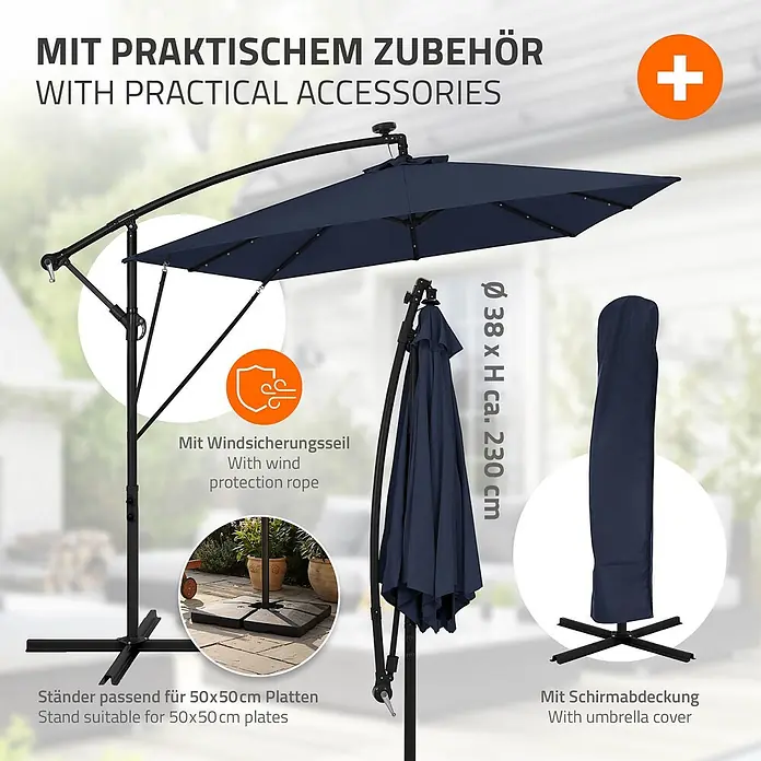 ML-Design Ampelschirm rund Gartenschirm UV50+ Sonnenschutz wasserabweisend 360° drehbar & neigbar - Blau, Durchmesser Bespannung: 330 cm - Dunkelblauer Ampelschirm mit schwarzem Metallrahmen, geöffnet und gefaltet mit Schutzhülle gezeigt. Inklusive Kreuzständer für Platten.