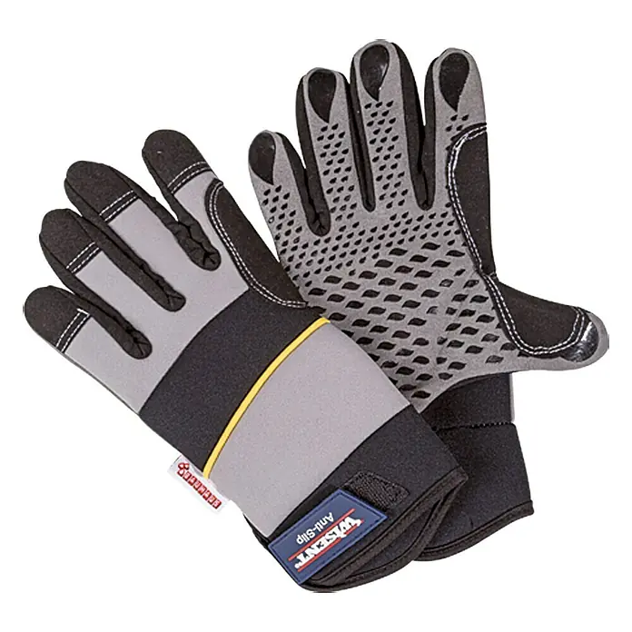 Wisent Arbeitshandschuhe Anti Slip - Handschuhgröße: 10, Grau - Abgebildete Arbeitshandschuhe mit Anti-Rutsch-Funktion. Sie sind grau mit schwarzen Details und gelben Akzenten und bieten Grip und Schutz.