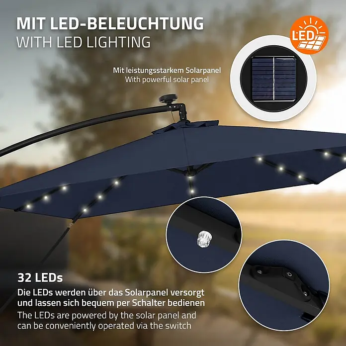 ML-Design Ampelschirm rund Gartenschirm UV50+ Sonnenschutz wasserabweisend 360° drehbar & neigbar - Blau, Durchmesser Bespannung: 330 cm - Blauer Ampelschirm mit 32 integrierten Solar-LEDs, die über ein Solarpanel versorgt und per Schalter bedient werden.