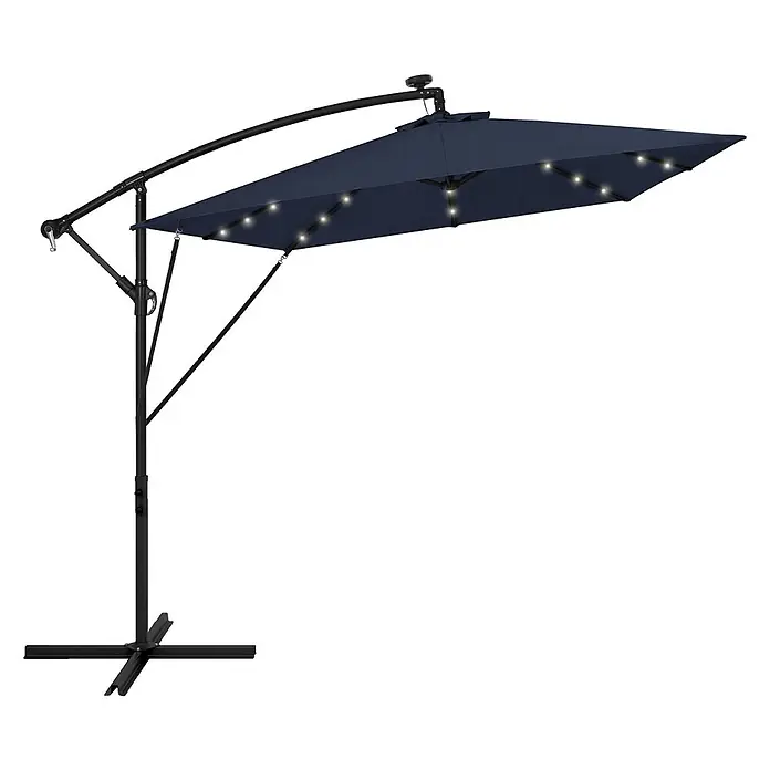 ML-Design Ampelschirm rund Gartenschirm UV50+ Sonnenschutz wasserabweisend 360° drehbar & neigbar - Blau, Durchmesser Bespannung: 330 cm - Dunkelblauer Ampelschirm mit schwarzem Gestell und integrierten Solar-LED-Leuchten.