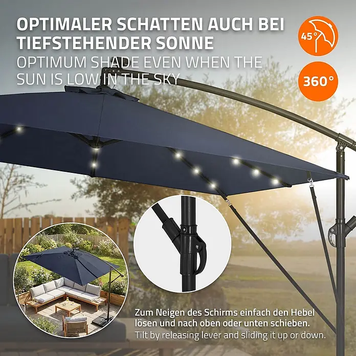 ML-Design Ampelschirm rund Gartenschirm UV50+ Sonnenschutz wasserabweisend 360° drehbar & neigbar - Blau, Durchmesser Bespannung: 330 cm - Dunkelblauer Ampelschirm mit LED-Beleuchtung, spendet Schatten über Gartenmöbeln. Mit Neigungs- und 360°-Drehfunktion.