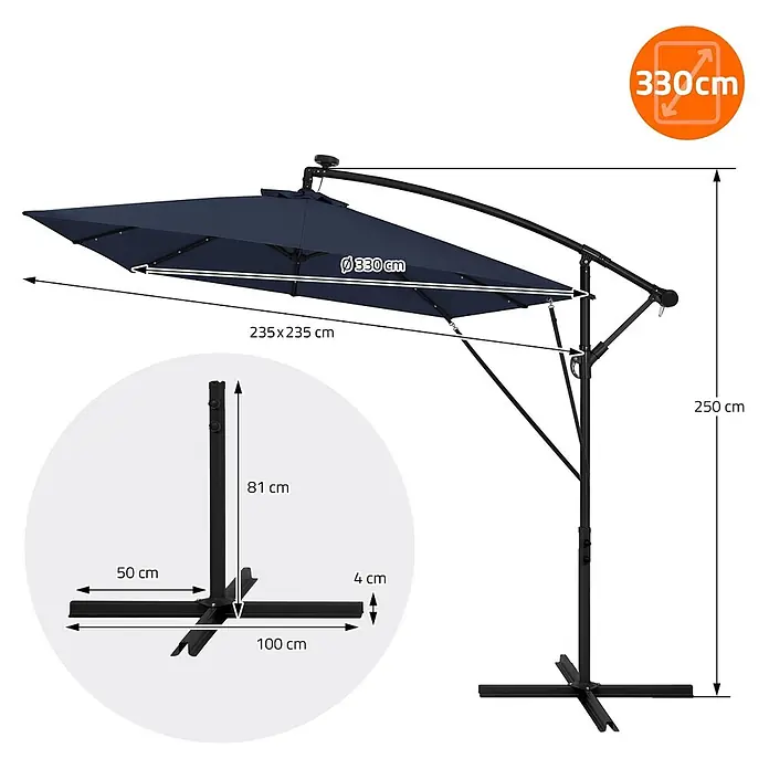 ML-Design Ampelschirm rund Gartenschirm UV50+ Sonnenschutz wasserabweisend 360° drehbar & neigbar - Blau, Durchmesser Bespannung: 330 cm - Marineblauer Ampelschirm mit schwarzem Gestell und Kreuzfuß, Maße angegeben.