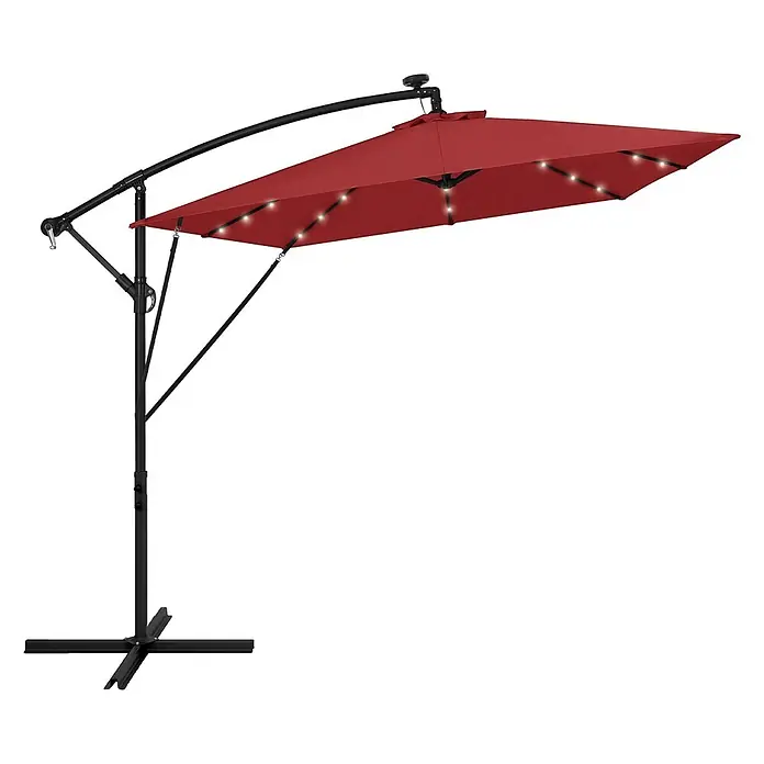 ML-Design Ampelschirm rund Gartenschirm UV50+ Sonnenschutz wasserabweisend 360° drehbar & neigbar - Rot, Durchmesser Bespannung: 330 cm - Roter Ampelschirm mit schwarzem Gestell, integrierten LED-Leuchten, Solarpanel und Kreuzfuß.