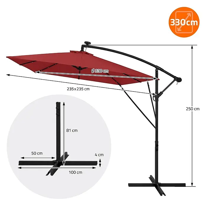 ML-Design Ampelschirm rund Gartenschirm UV50+ Sonnenschutz wasserabweisend 360° drehbar & neigbar - Rot, Durchmesser Bespannung: 330 cm - Roter Ampelschirm mit schwarzem Seitenmast und Kreuzfuß. Maße sind angegeben.