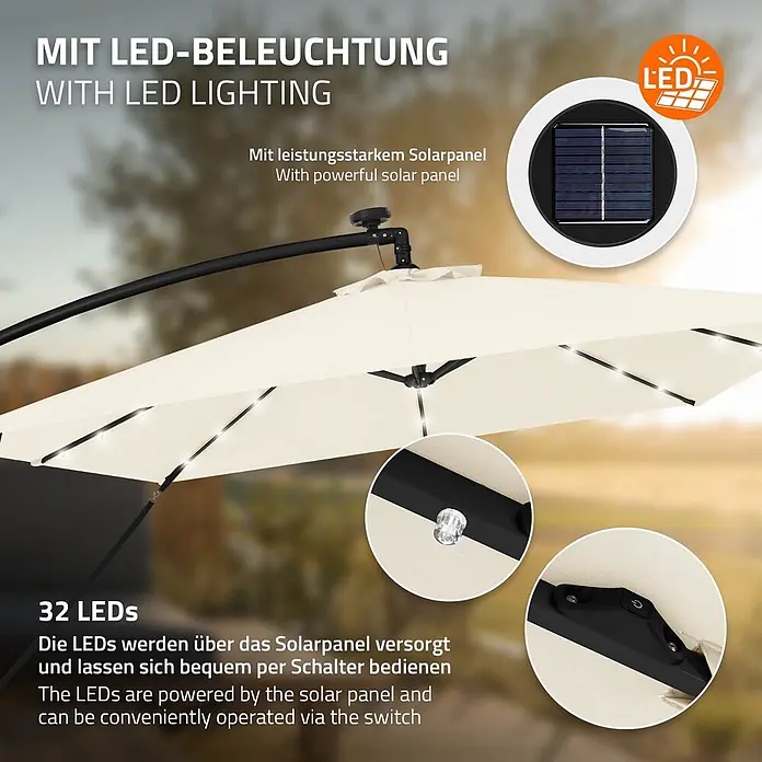 ML-Design Ampelschirm rund Gartenschirm UV50+ Sonnenschutz wasserabweisend 360° drehbar & neigbar - Beige, Durchmesser Bespannung: 330 cm - Cremefarbener Ampelschirm mit integrierter LED-Beleuchtung, betrieben über ein Solarpanel und gesteuert per Schalter.