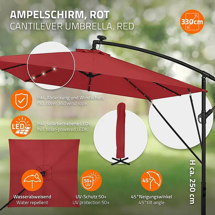 ML-Design Ampelschirm rund Gartenschirm UV50+ Sonnenschutz wasserabweisend 360° drehbar & neigbar - Rot, Durchmesser Bespannung: 330 cm - Roter Ampelschirm mit integrierten Solar-LEDs, UV 50+ Schutz, wasserabweisend und 45° Neigungswinkel.