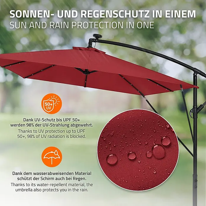ML-Design Ampelschirm rund Gartenschirm UV50+ Sonnenschutz wasserabweisend 360° drehbar & neigbar - Rot, Durchmesser Bespannung: 330 cm - Ein roter Ampelschirm mit Wassertropfen auf dem Stoff, der seine wasserabweisenden und UV-schützenden Eigenschaften hervorhebt.