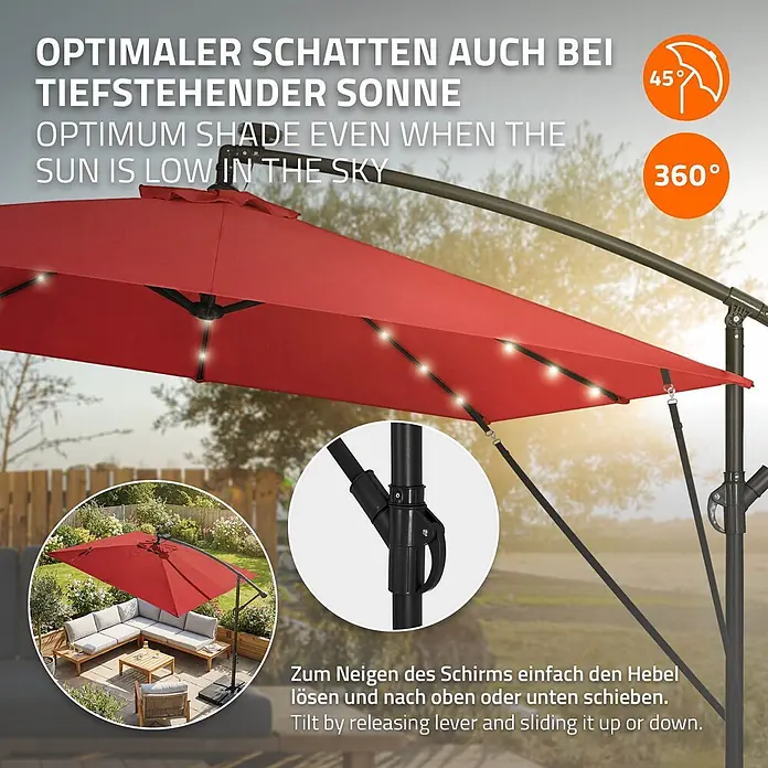 ML-Design Ampelschirm rund Gartenschirm UV50+ Sonnenschutz wasserabweisend 360° drehbar & neigbar - Rot, Durchmesser Bespannung: 330 cm - Roter Ampelschirm mit integrierten Lichtern spendet Schatten für eine Terrassengarnitur im Garten, zeigt 45° Neigung und 360° Drehung.