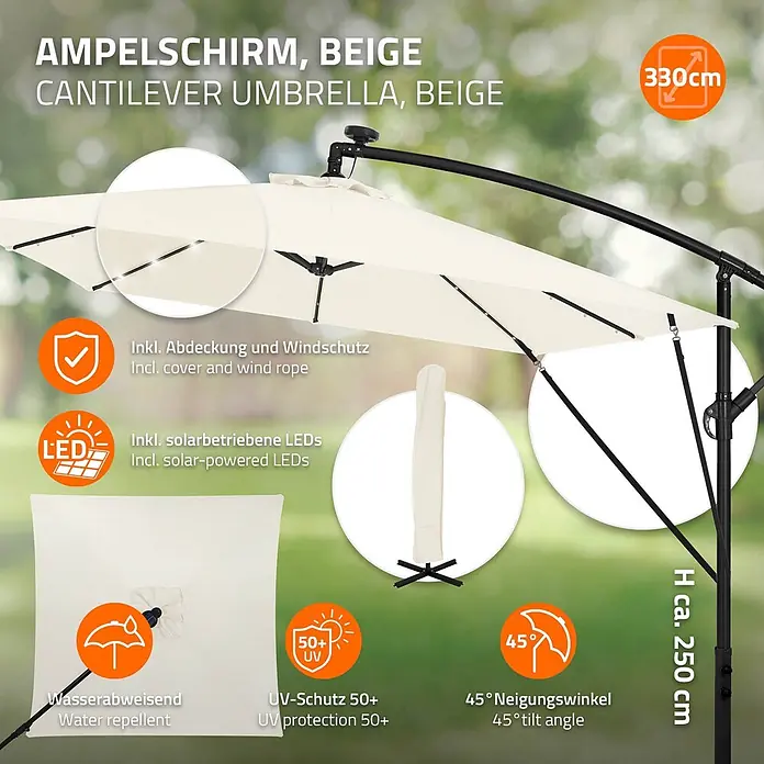 ML-Design Ampelschirm rund Gartenschirm UV50+ Sonnenschutz wasserabweisend 360° drehbar & neigbar - Beige, Durchmesser Bespannung: 330 cm - Beiger Ampelschirm (330x250cm) mit 45° Neigung, UV-Schutz 50+, wasserabweisend und solarbetriebenen LEDs für den Garten.
