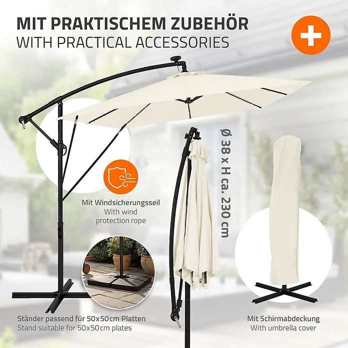 ML-Design Ampelschirm rund Gartenschirm UV50+ Sonnenschutz wasserabweisend 360° drehbar & neigbar - Beige, Durchmesser Bespannung: 330 cm - Beiger Ampelschirm mit schwarzem Gestell, gezeigt mit Windseil, passendem Plattenständer und Schutzhülle.