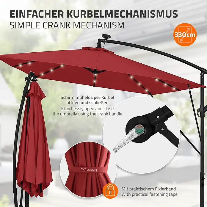ML-Design Ampelschirm rund Gartenschirm UV50+ Sonnenschutz wasserabweisend 360° drehbar & neigbar - Rot, Durchmesser Bespannung: 330 cm - Roter 330 cm Ampelschirm mit integrierten LED-Leuchten, Kurbelmechanismus und Befestigungsband.