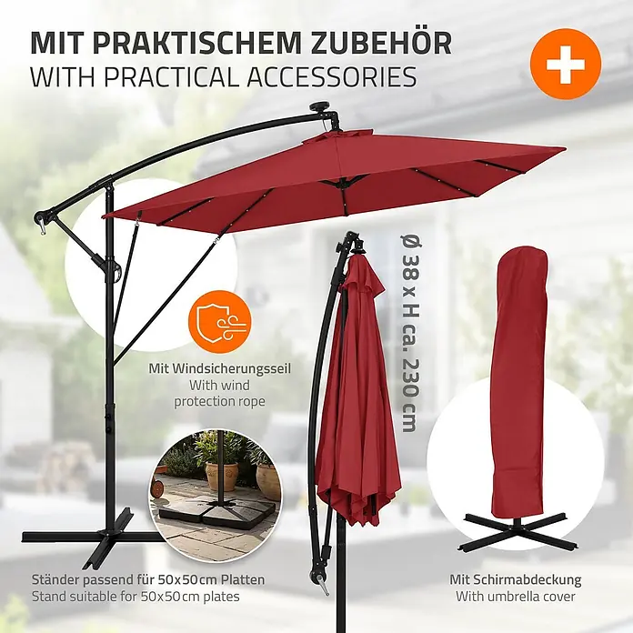 ML-Design Ampelschirm rund Gartenschirm UV50+ Sonnenschutz wasserabweisend 360° drehbar & neigbar - Rot, Durchmesser Bespannung: 330 cm - Roter Ampelschirm mit schwarzem Gestell und praktischem Zubehör: Windseil, Schirmabdeckung und Plattenständer.