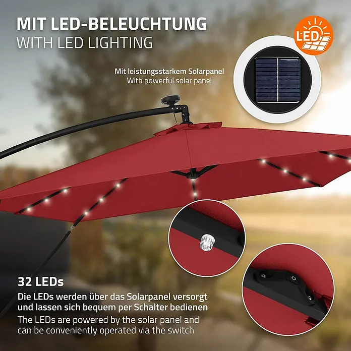 ML-Design Ampelschirm rund Gartenschirm UV50+ Sonnenschutz wasserabweisend 360° drehbar & neigbar - Rot, Durchmesser Bespannung: 330 cm - Ein roter Ampelschirm mit solarbetriebener LED-Beleuchtung.
