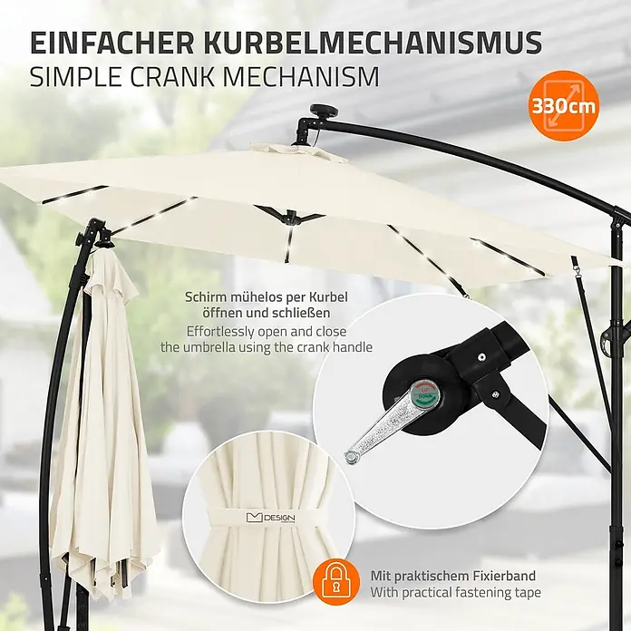 ML-Design Ampelschirm rund Gartenschirm UV50+ Sonnenschutz wasserabweisend 360° drehbar & neigbar - Beige, Durchmesser Bespannung: 330 cm - Beiger Ampelschirm mit Kurbelmechanismus zum einfachen Öffnen/Schließen und praktischem Fixierband. 330 cm Durchmesser.