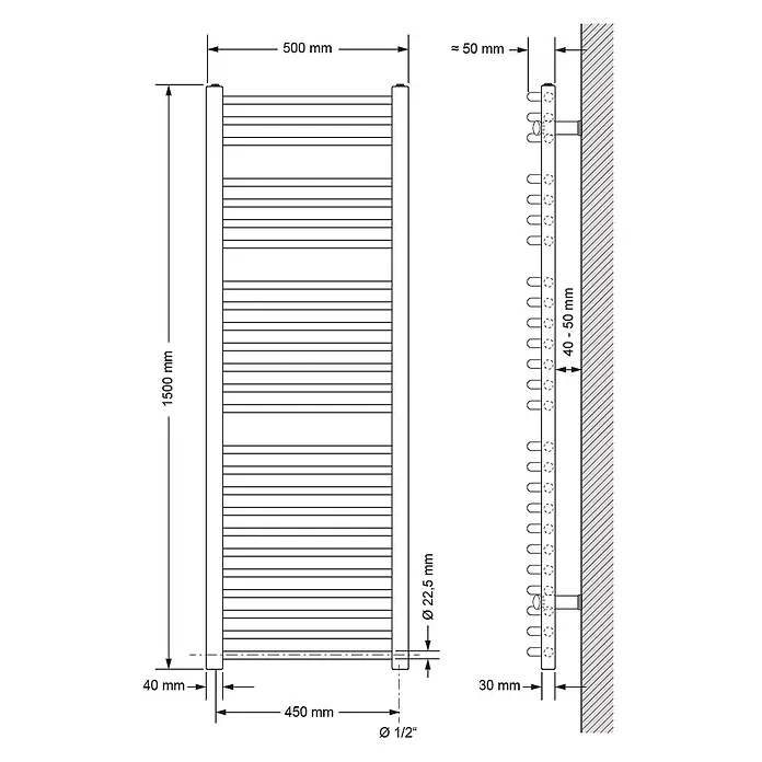 LuxeBath Elektro-Badheizkörper Designheizkörper 500x1500mm Weiß gebogen 900W -  - Technische Zeichnung eines Handtuchheizkörpers mit Maßen: 1500 mm hoch, 500 mm breit, 40-50 mm Wandabstand, 1/2" Anschlüsse.